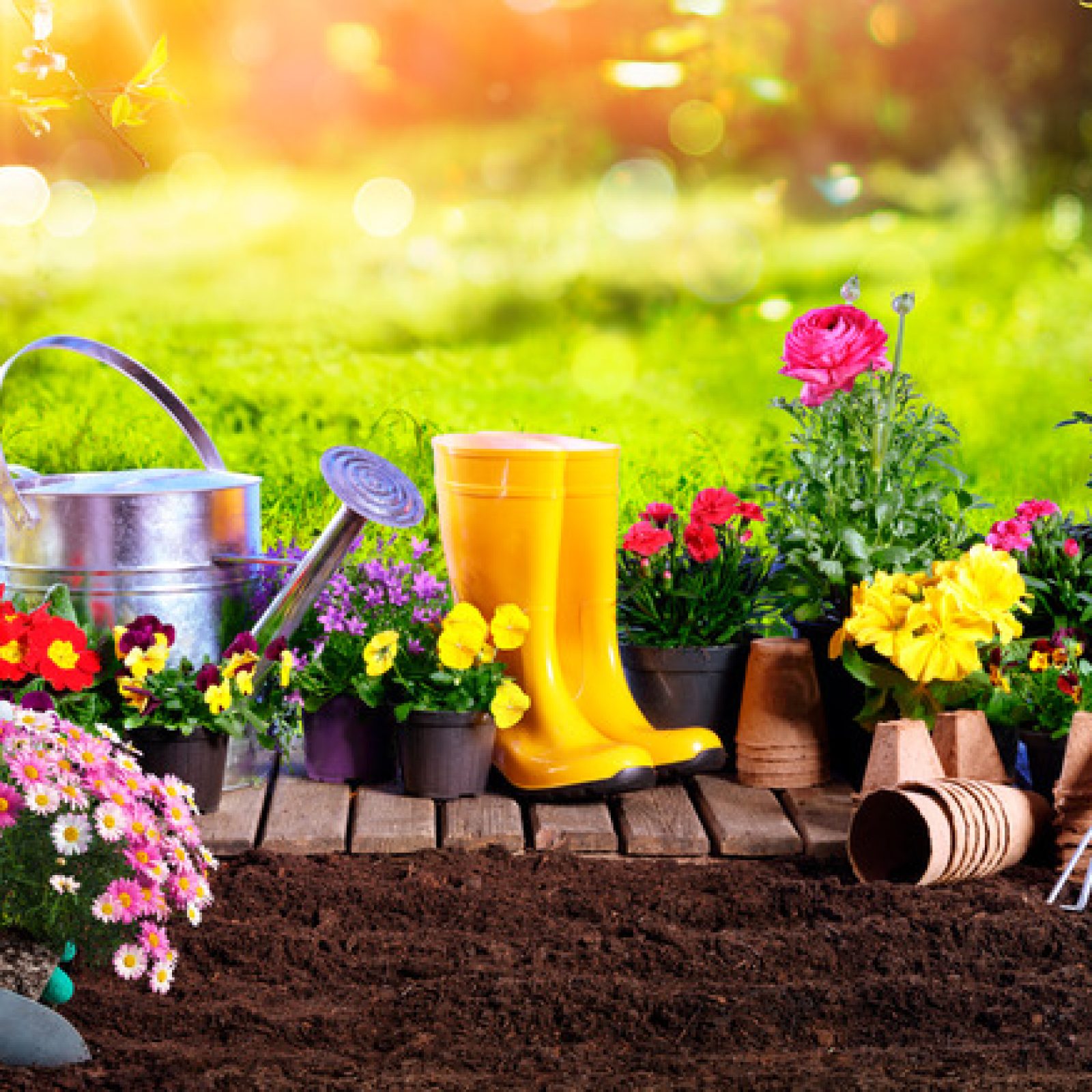 Spring,Gardening,-,Flowerpots,An,Equipment,In,Sunny,Garden